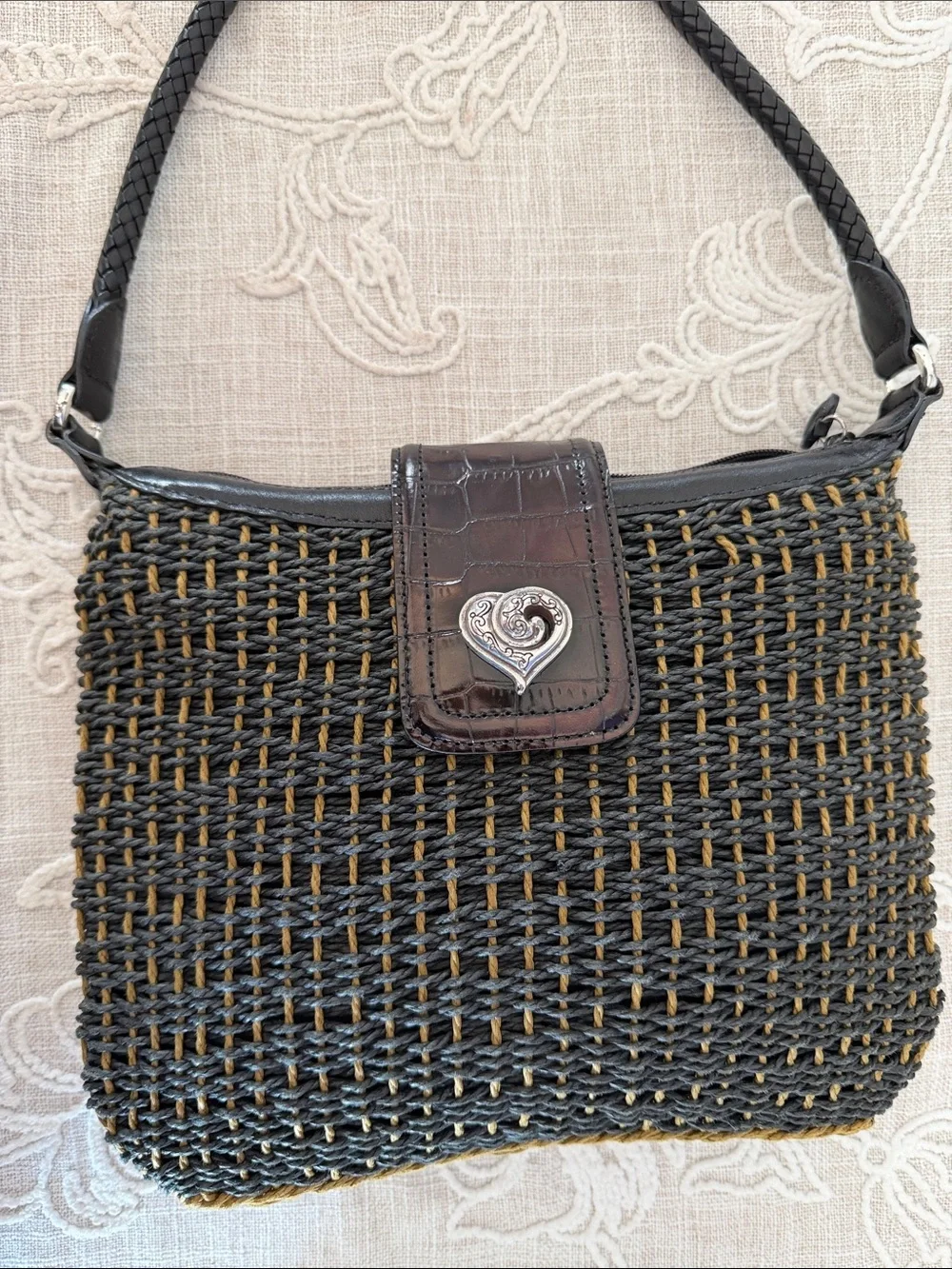 Brighton Black Woven Shoulder Bag with Brown Flap and Silver Heart Accent